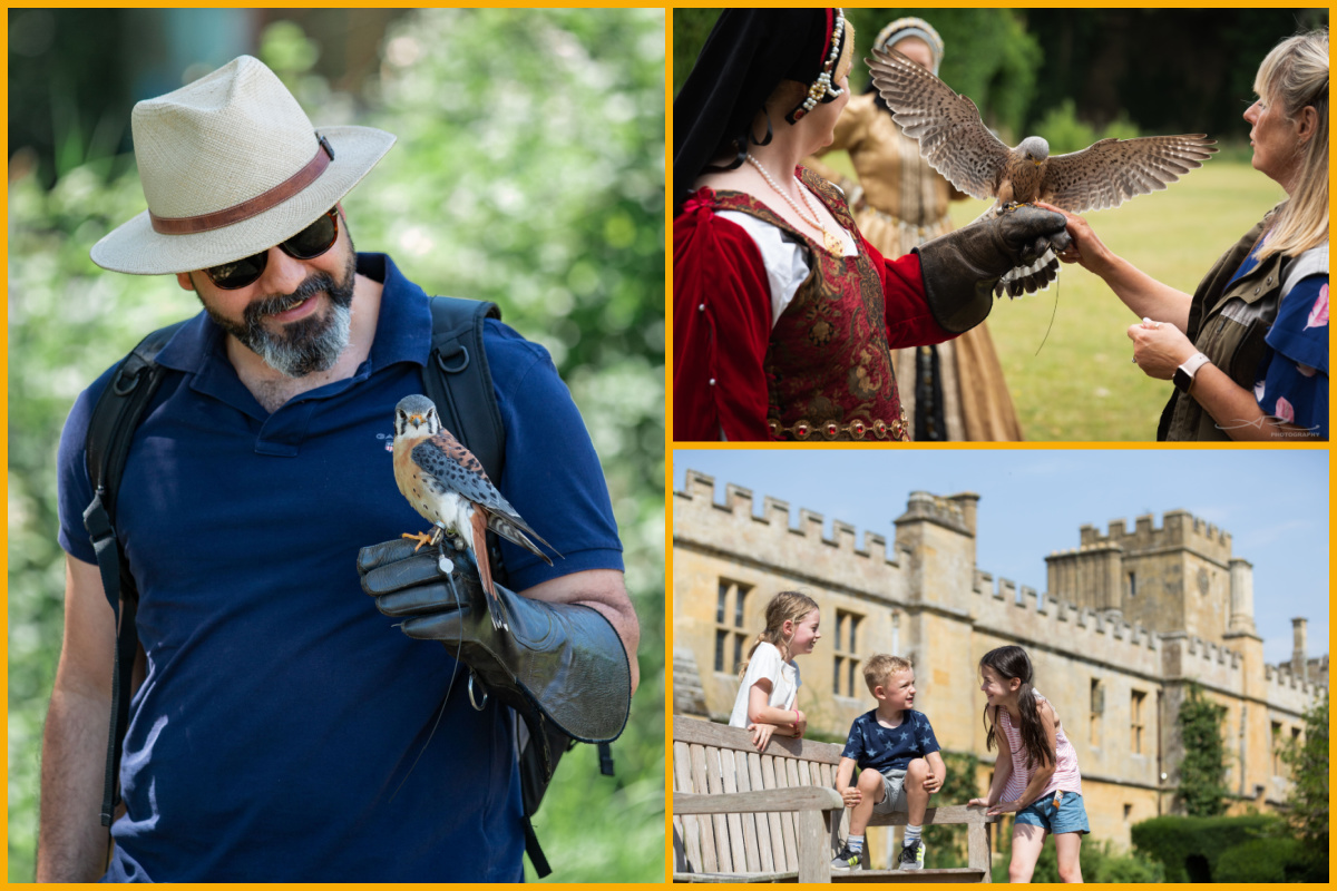 A collage of images of Falconry and children at Sudeley Castle.